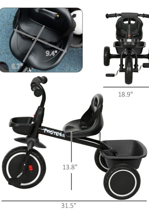 Tricycle for Toddlers Age 2-5 with Adjustable Seat, Storage Baskets, Black