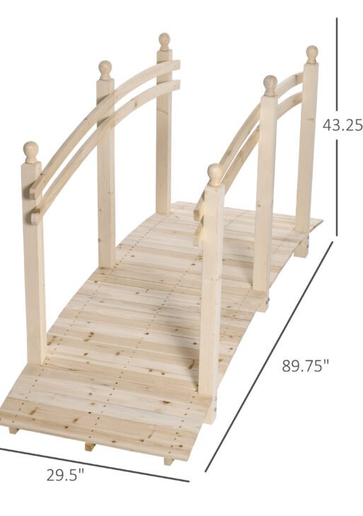 7.5' Wooden Arch Garden Bridge, Safety Rails for Backyard Ponds, Creeks, Streams, Natural