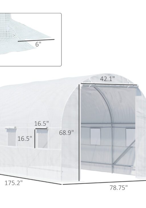 15' x 7' x 7' Walk-In Tunnel Greenhouse, Large Garden Hot House Kit with 6 Roll-up Windows & Roll Up Door, Steel Frame, White