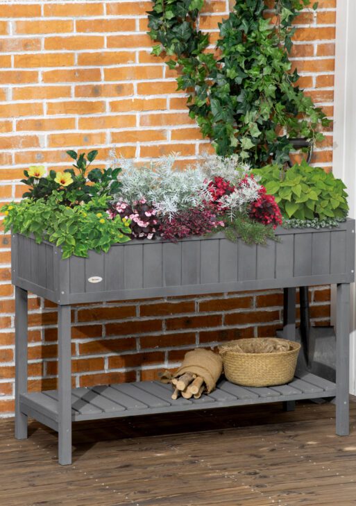 Wooden Raised Garden Bed, Elevated Planter Box Stand with 8 Slots and Open Shelf, Dark Gray