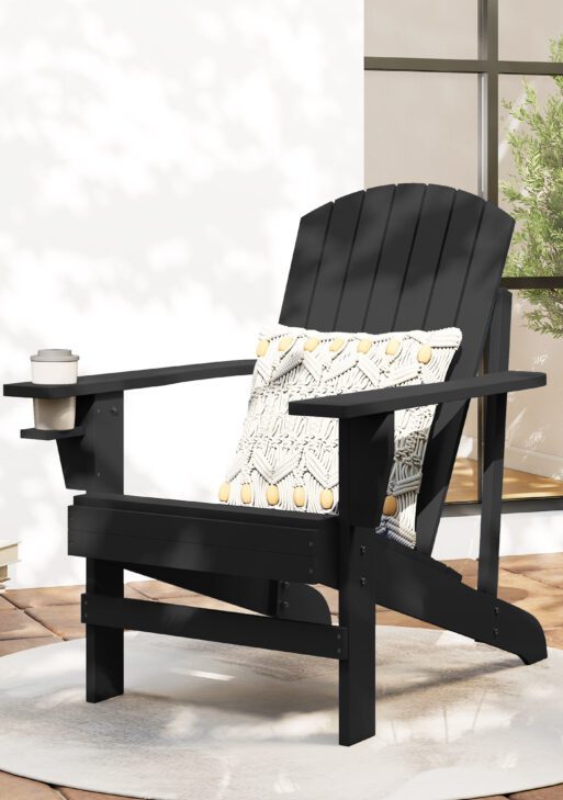 Oversized Adirondack Chair, Outdoor Fire Pit and Porch Seating, Classic Log Lounge w/ Built-in Cupholder, Black