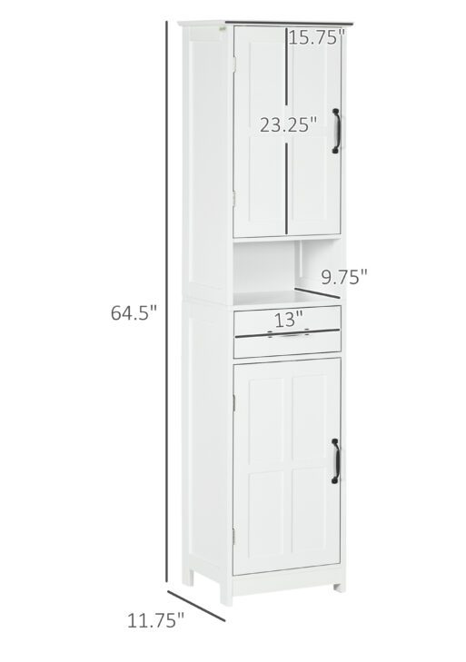 Modern Bathroom Cabinet, Narrow Storage Cabinet with Open Shelf, Drawer, Recessed Doors and Adjustable Shelves, White
