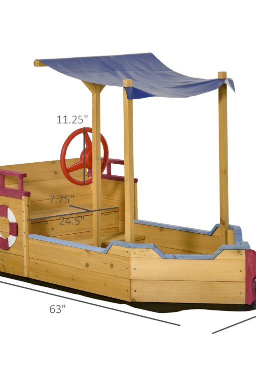 Kids Wooden Sandbox, w/ Canopy Bench Seat Storage Space, Aged 3-8 Years Old