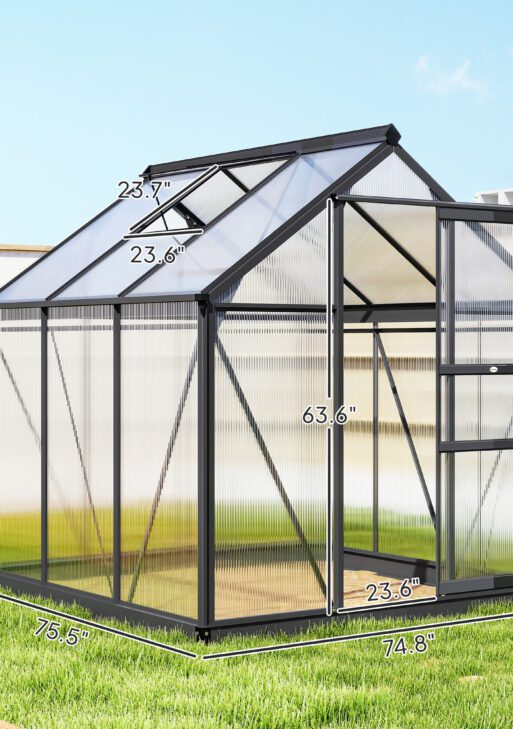 Polycarbonate Greenhouse, Heavy Duty Outdoor Aluminum Walk-in Green House Kit Vent Door, 6.2'x6.2'x6.6' Gray
