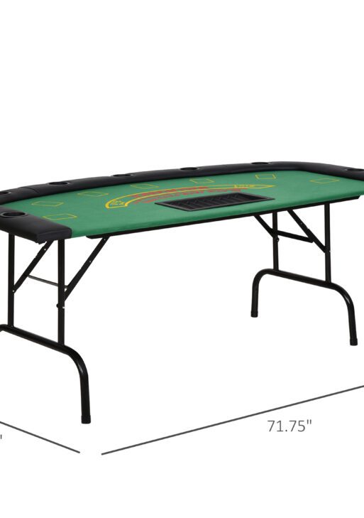 Poker Table Foldable, 72" Blackjack Table for 7 Players with Chip & Cup Holder, Green Felt
