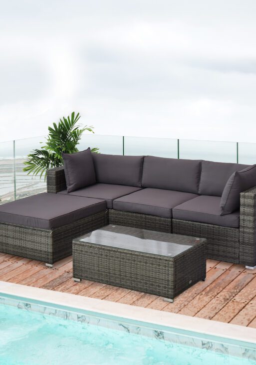5-Piece Outdoor Sectional Furniture, Patio Sofa Set, PE Wicker Couch, Cushions, Pillows, Ottoman, Table, Charcoal