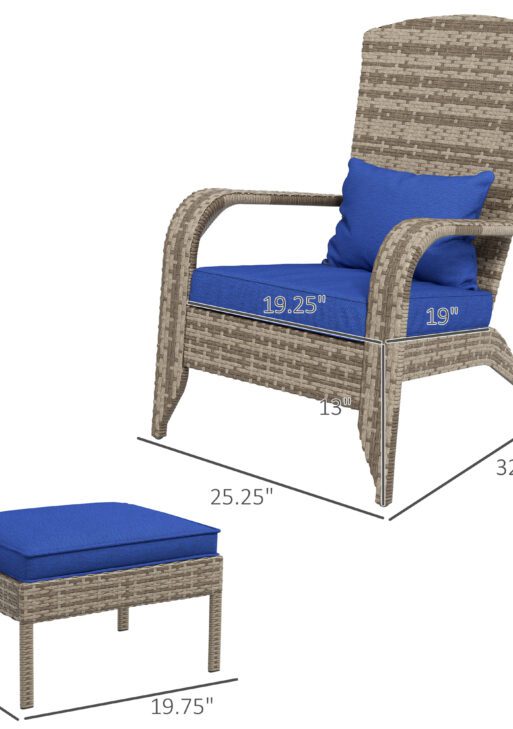Wicker Adirondack Chair Fire Pit Chair w/ Ottoman & Cushions, Blue