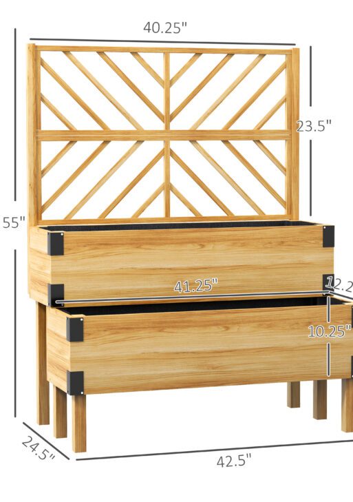 2 Tier Trellis Planter, Wooden Raised Garden Bed, Natural