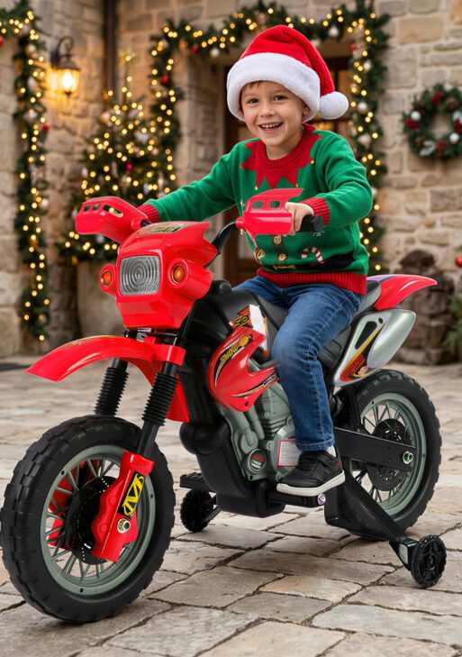 6V Kids Motorcycle, Electric Motorcycle with Dirt Bike Style, Street Bike Design Battery Powered Ride On Toy with Training Wheels, Headlight, Music, Ages 5-8, Red