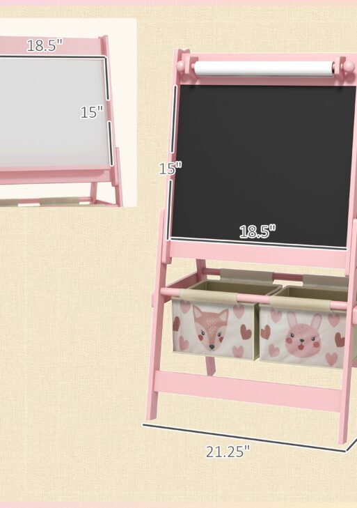 Art Easel for Kids with Paper Roll, Blackboard, Whiteboard, Storage, Pink