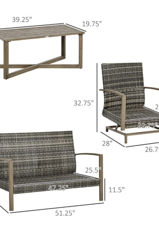 4 Piece Wicker Patio Furniture Set with 2 Rocking Chairs, Loveseat Sofa, Outdoor PE Rattan Conversation Set with Cushions, Aluminum Table for Porch, Poolside, Dark Gray