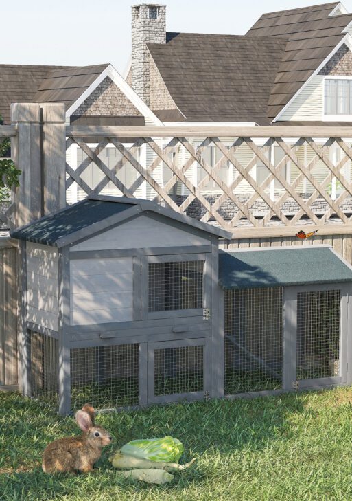 58" Large Rabbit Hutch Outdoor Indoor, Wooden Bunny Hutch, Guinea Pig Cage with Run, Removable Tray, Asphalt Roof, Lockable Doors and Ramp, for 1-2 Small Rabbits, Chickens, Ducks, Dark Gray