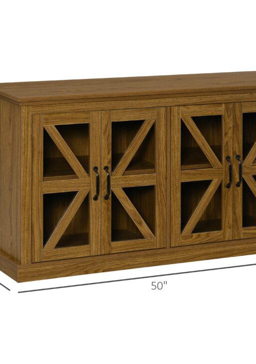 Sideboard Buffet Cabinet, Glass Door Credenza, Coffee Bar Cabinet with Adjustable Shelf, Natural