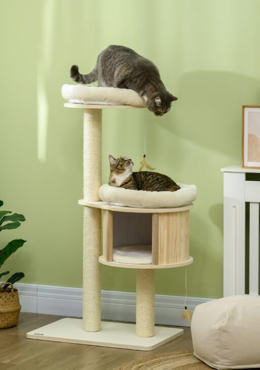 Cat Tree, 3 Level Cat Tower with Scratching Posts, Bed, Condo, Badminton Toys, for Multiple Kittens