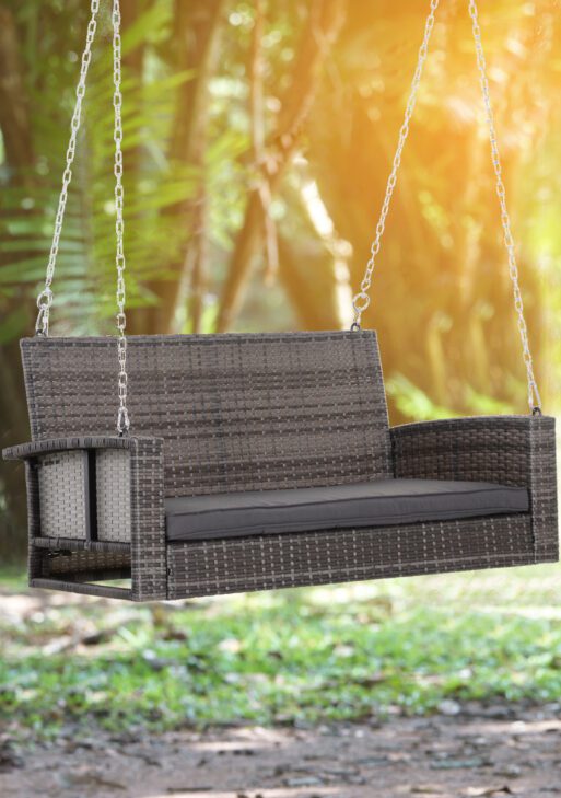 2 Person Wicker Hanging Swing Bench, Front Porch Swing Outdoor Chair with Cushions 550 lbs. Weight Capacity for Backyard, Garden, Gray