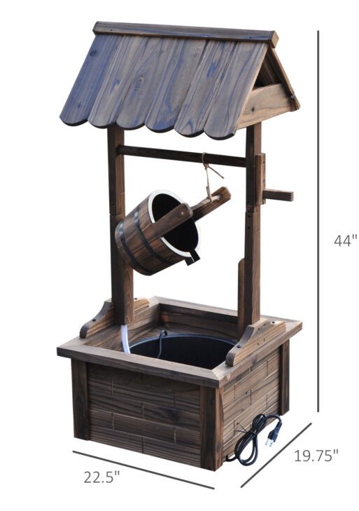 Outdoor Wooden Wishing Well Fountain with Adjustable Water Flow Rate, Outdoor Rustic Waterfall Fountain with Electric Pump, Water Bucket, for Backyard Patio Garden Lawn, Carbonized Finish