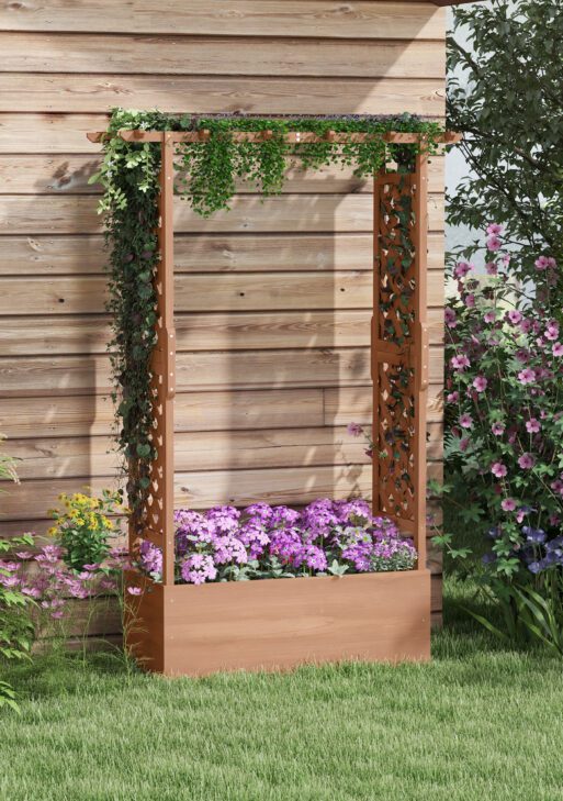 Raised Garden Bed with Trellises and Roof for Climbing Plant Vine, Hanging Flowers, 70.75" Tall Outdoor Wood Planter Box with Drainage & Filter
