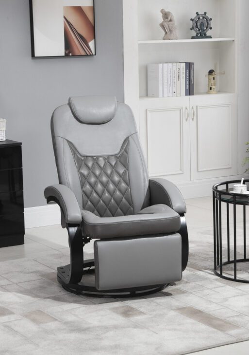 Faux Leather Manual Recliner, Adjustable Swivel Lounge Chair, Armchair with Footrest and Round Base for Living Room, Gray