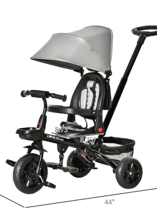 Kids Tricycle, 4 in 1 Foldable Trike with Reversible Seat, Adjustable Parent Handle, Safety Harness, Wheel Brakes, Removable Canopy, Storage, Tricycle for Toddlers 1-5 Years, Gray