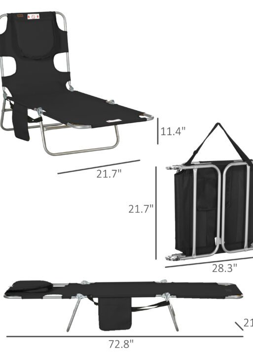Folding Outdoor Chaise Lounge Sun Tanning Chair with Face Cavity, Pillow, 5-level Adjustable for Beach, Pool, Black