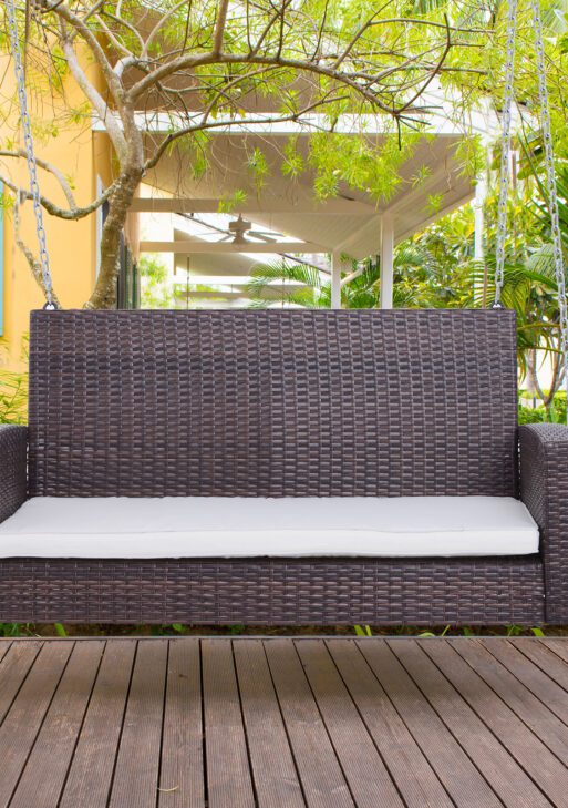 2 Person Wicker Hanging Swing Bench, Front Porch Swing Outdoor Chair with Cushions 550 lbs. Weight Capacity for Backyard, Garden, Cream White