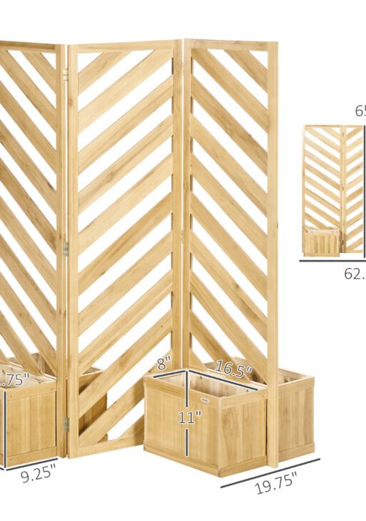 Decorative Outdoor Privacy Screen, Freestanding Divider/Separator with 4 Self-Draining Planters, 3 Trellis Plant Support Panels for Garden Walkway, Backyard, Natural Wood