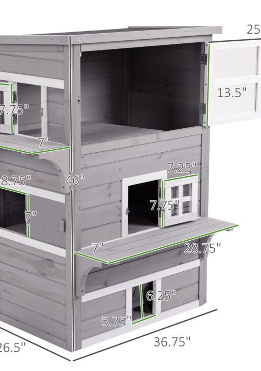 Outdoor Cat House, 3-Tier Kitty Shelter with 5 Escape Doors, Weather Resistant, Gray & White