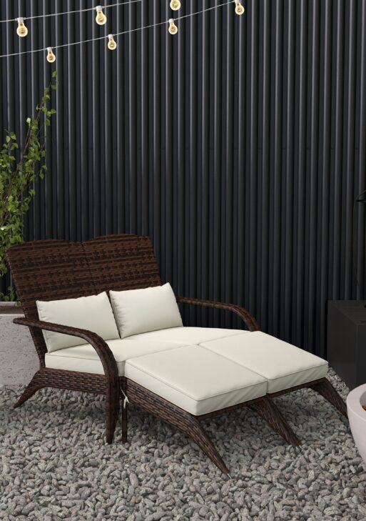 2 Person Patio Wicker Adirondack Chair, High-Back Fire Pit Chair with Cushions, Cream White