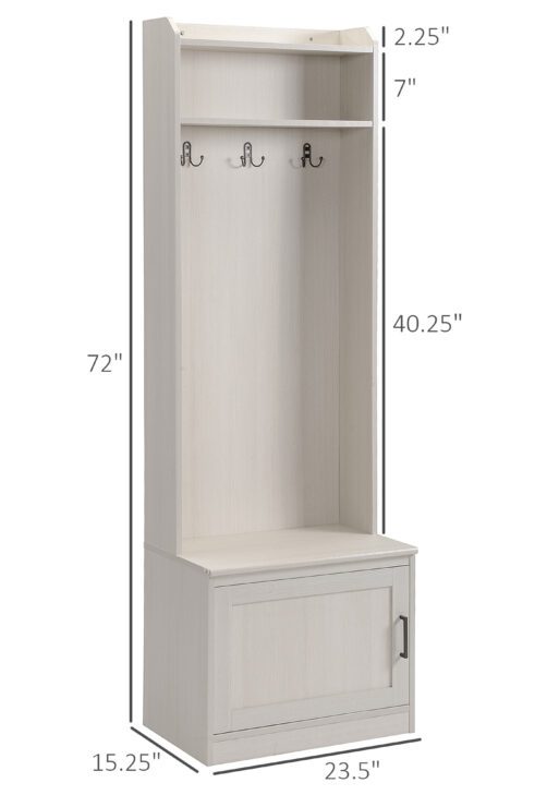 Narrow Hall Tree with Shoe Storage Bench, Rustic Entryway Bench with Coat Rack, Accent Coat Tree with Storage Shelves for Hallway, Mudroom, White Wood Grain