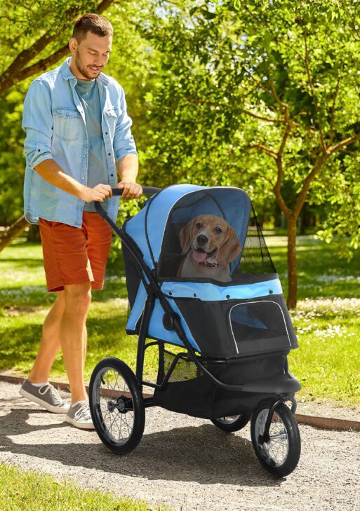 3 Wheels Pet Stroller for Small Dogs and Medium Dogs with Adjustable Canopy, Safety Tether, Storage Basket, Blue