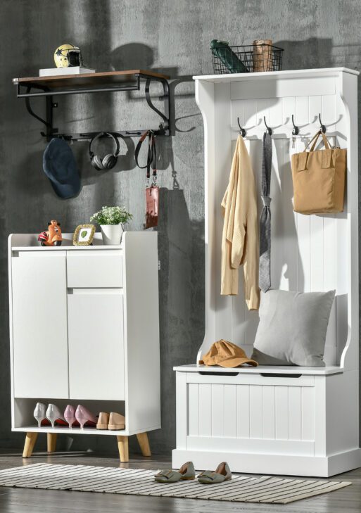 Hall Tree with Coat Rack, Storage, and Sitting Bench, White