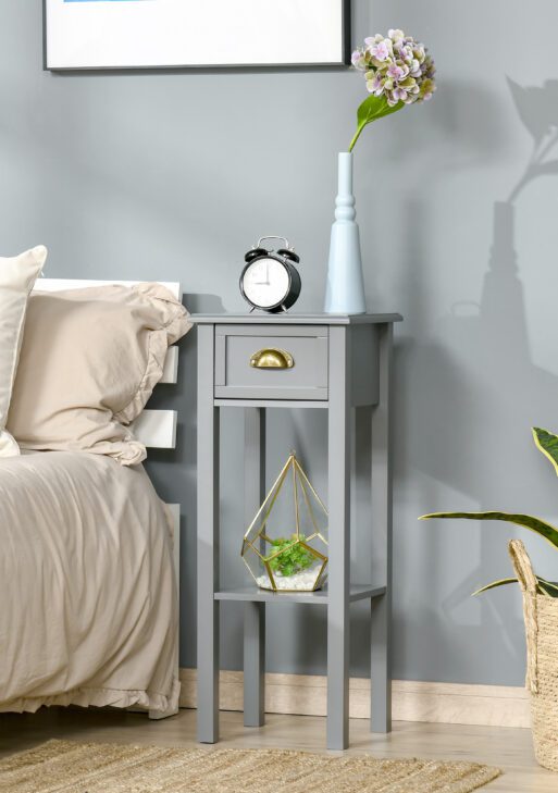 2-Tier Tall Side Table, Nightstand End Table w/ Drawer & Bottom Shelf for Living Room, Bedroom, Gray