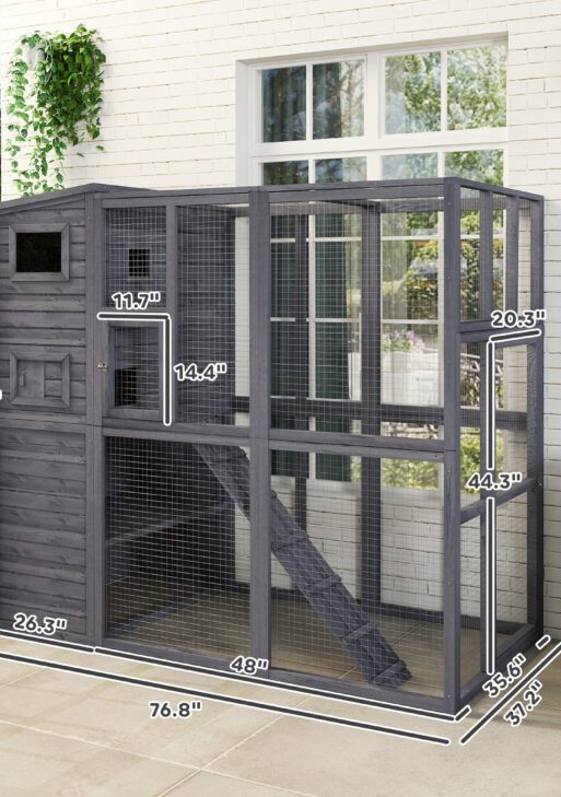 Wooden Outdoor Catio with Platforms, Asphalt Roof, Ramps, Gray