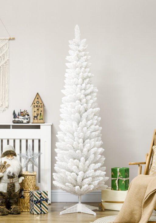 6' Decorated Christmas Tree Snow Flocked Artificial Christmas Tree with Pencil Shape, Realistic Branches, White