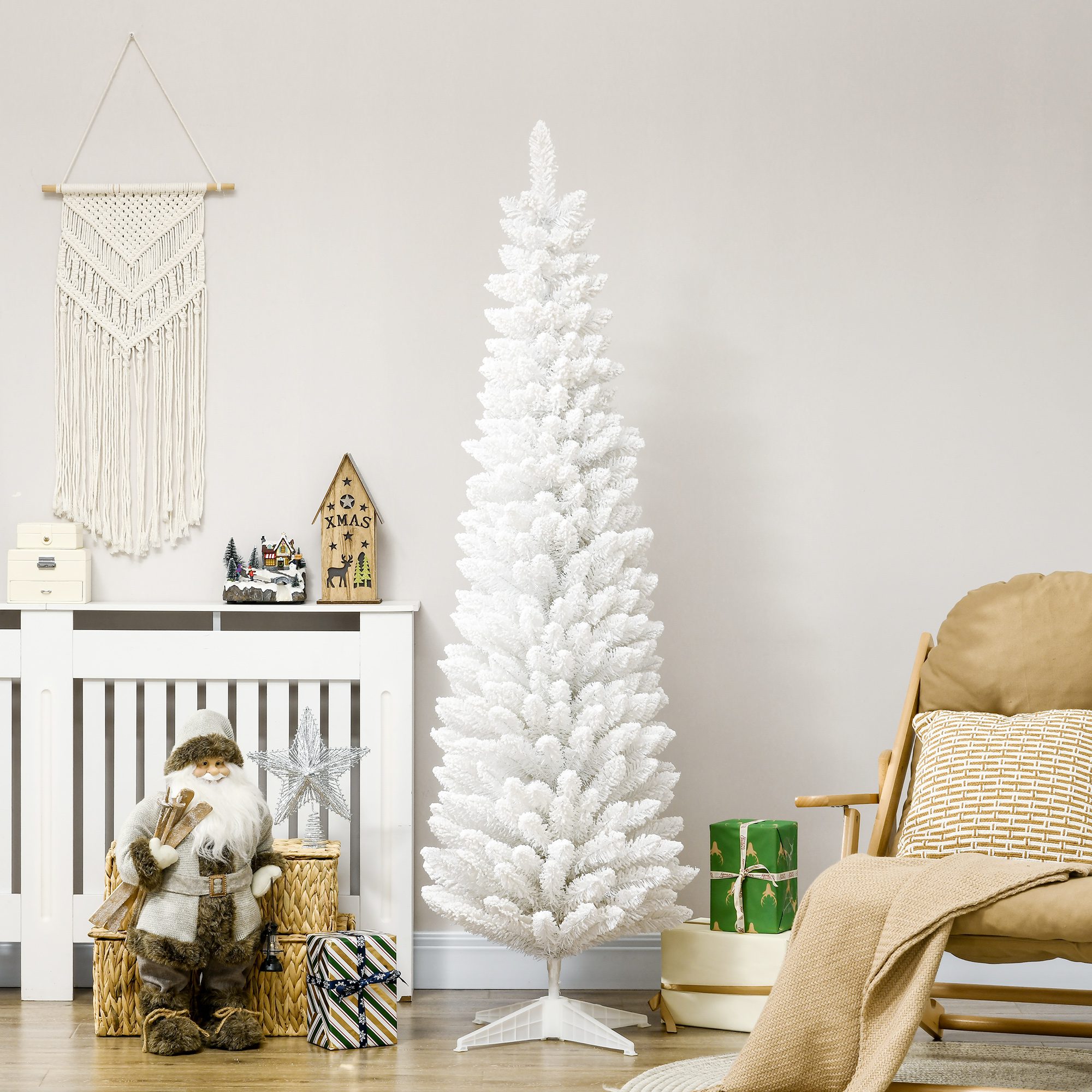 6' Decorated Christmas Tree Snow Flocked Artificial Christmas Tree with Pencil Shape, Realistic Branches, White