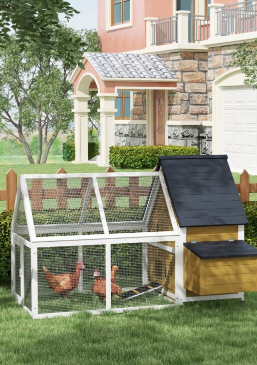 65" Chicken Coop Wooden Chicken House Rabbit Hutch Poultry Cage Hen Pen Backyard with Nesting Box, Ramp, Run, Yellow