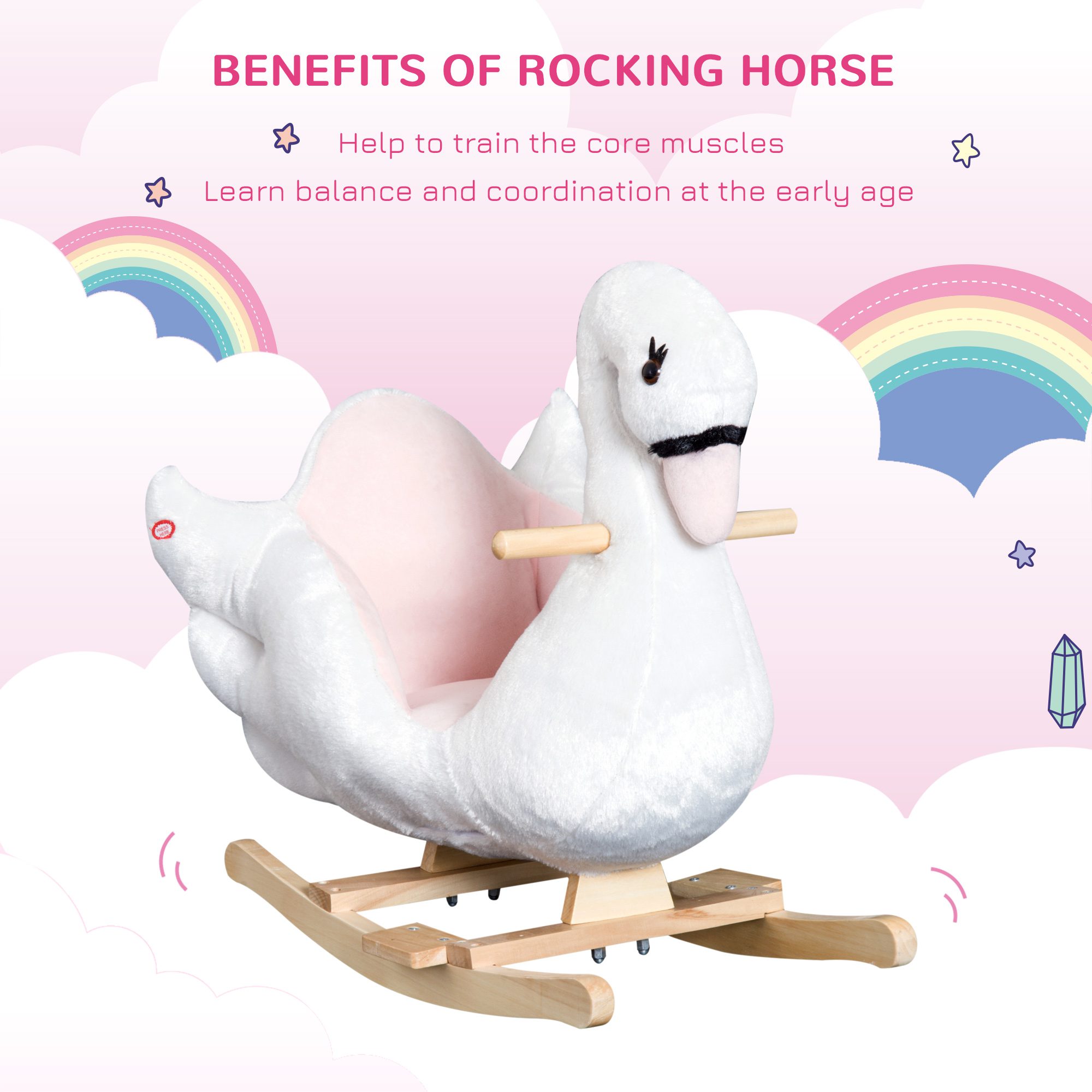 Kids Ride On Rocking Horse Plush Swan Style Toy with Music for Over 18 Months Children, White and Pink - Image 4
