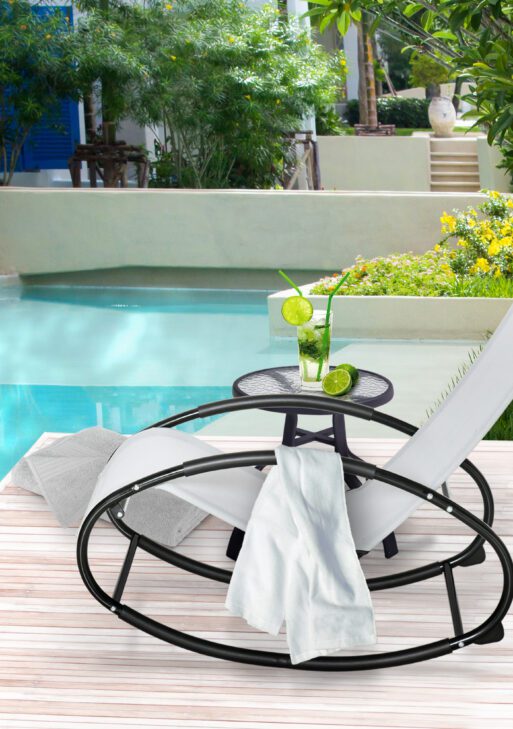 Pool Lounger, Outdoor Rocking Lounge Chair for Sunbathing, Pool, Beach, Porch with Pillow and Cool Mesh, Sun Tanning Rocker, Grey