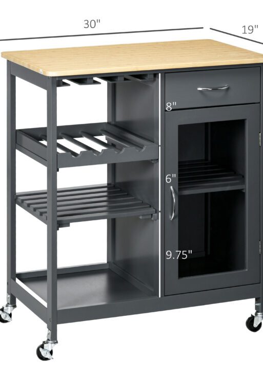 Rolling Kitchen Island with Storage, Kitchen Cart with 4-bottle Wine Rack, Bar Cart with Stemware Holder, Shelves, Drawer and Cabinet, Gray