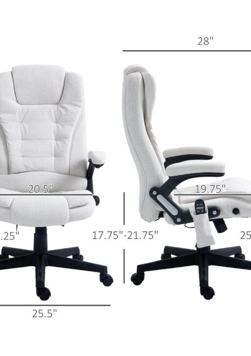 6 Point Vibrating Massage Office Chair with Heat, Linen High Back Massage Desk Chair with Reclining Backrest, White