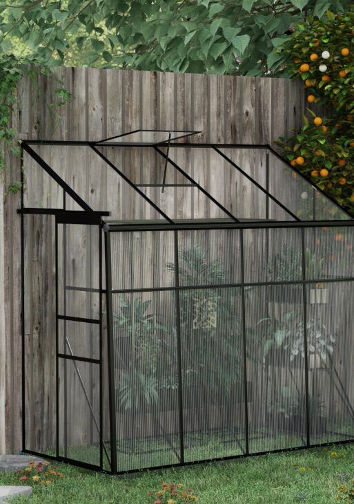 8' x 4' Walk-in Polycarbonate Greenhouse, Lean-to Aluminum Green House with Rain Gutter and Foundation, Black