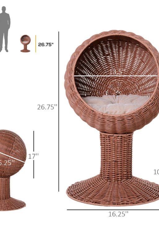 Elevated Cat Bed with Rotatable Egg Chair Pod, Cat Basket Bed with Thick Cushion, Natural Mat Grass Woven Kitty House, Brown