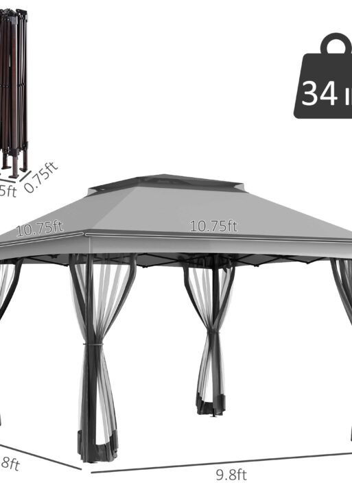 11x11 Canopy Gazebo, Portable Outdoor Patio Shelter with Zipper Mesh Privacy Netting, Carry Bag Included, for Family Use, Light Gray