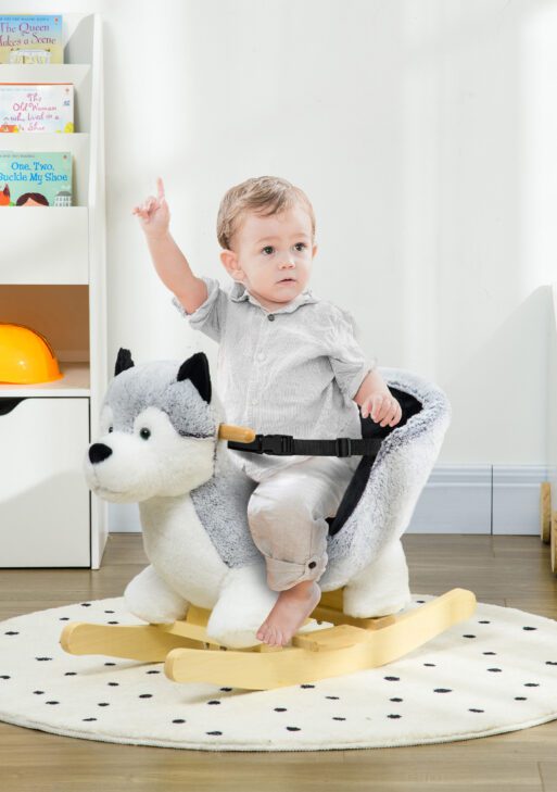 Toddler Rocking Chair Husky-Themed Rocking Animal with Wooden Base, Seat Belt for Kids 18-36 Months