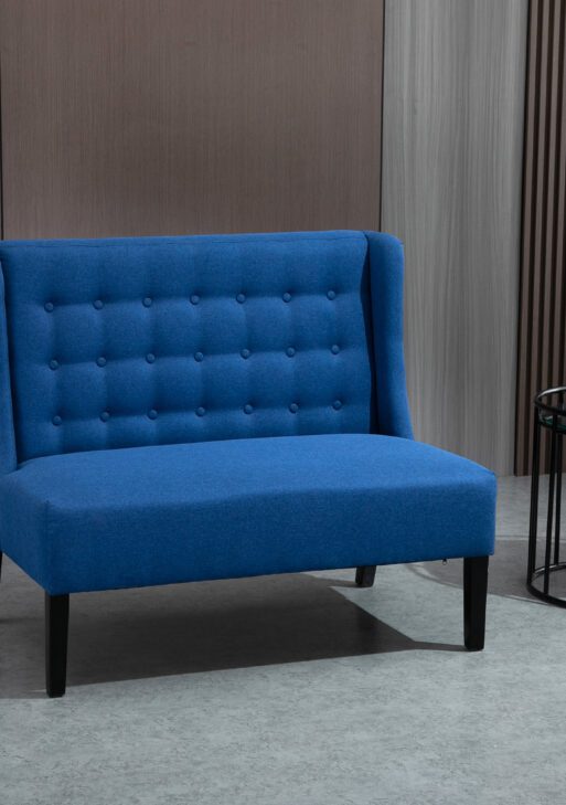 Wingback Double Sofa Linen Fabric Upholstery Button Tufted Loveseat Armless Couch Modern Contemporary Living Room Settee with Wood Legs, Blue