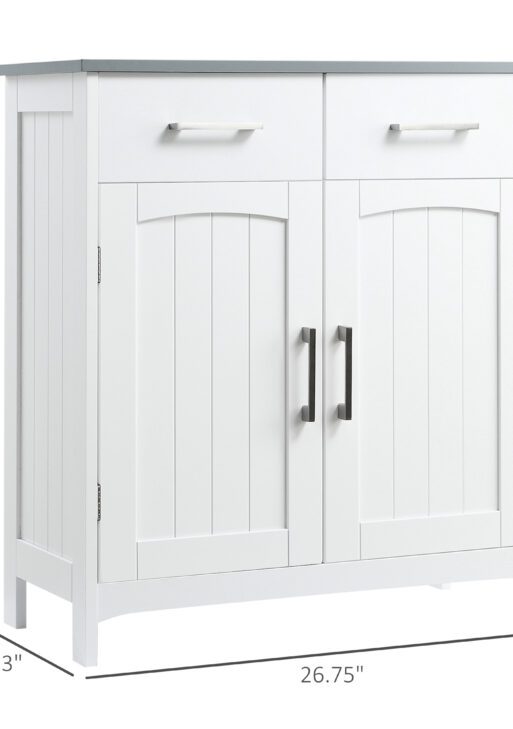 Bathroom Floor Cabinet, Freestanding Linen Cabinet, Storage Cabinet with 2 Drawers, Double Doors, Adjustable Shelf, White
