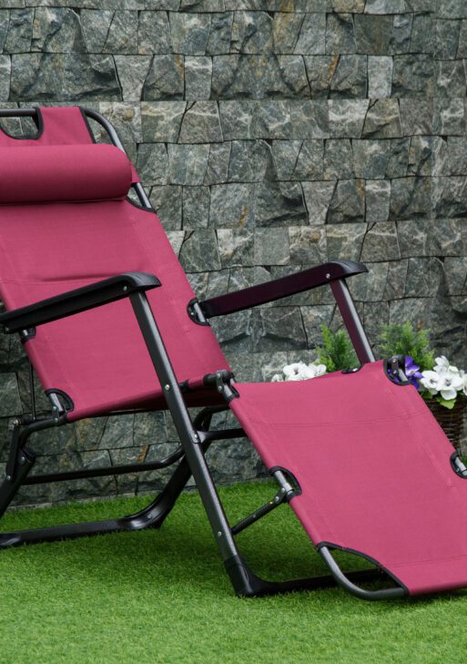 Folding Chaise Lounge Chair for Outside, 2-in-1 Tanning Chair with Pillow & Pocket, Adjustable Pool Chair for Beach, Patio, Lawn, Deck, Red