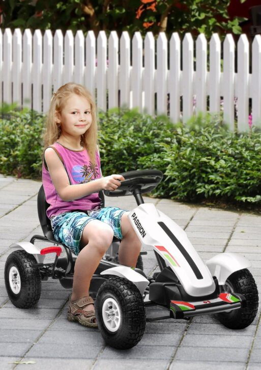 Kids Pedal Go Kart W/ Adjustable Seat, Rubber Wheels, White