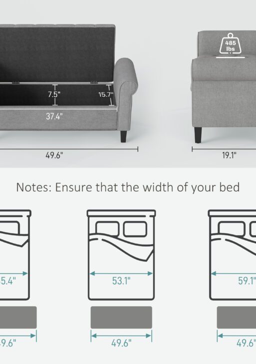 50 Inches Storage Ottoman, End of Bed Bench with Rolled Arms, Wood Legs, Button Tufted Storage Bench, Gray