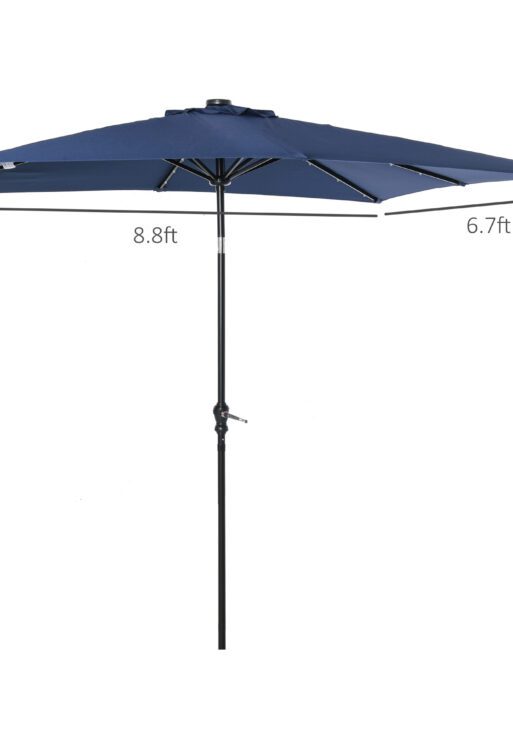 9' x 7' Solar Umbrella, LED Lighted Patio Umbrella for Table or Base with Tilt & Crank, Outdoor Umbrella for Garden, Deck, Backyard, Pool, Beach, Blue